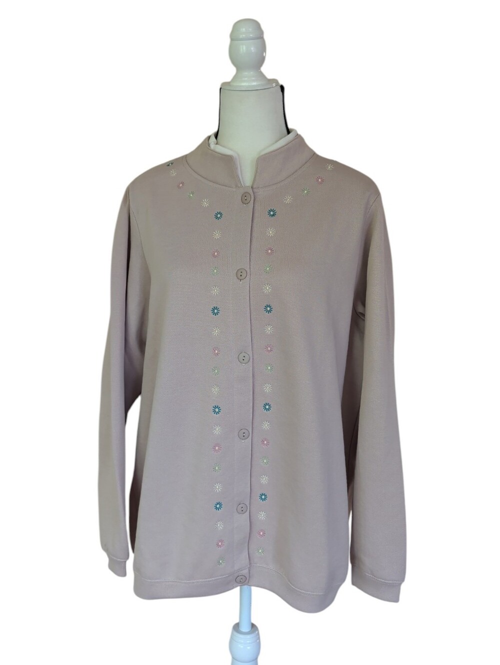 NWOT Vintage Blair Floral Embroidered Fleece Cardigan Jacket LARGE Tan Taupe